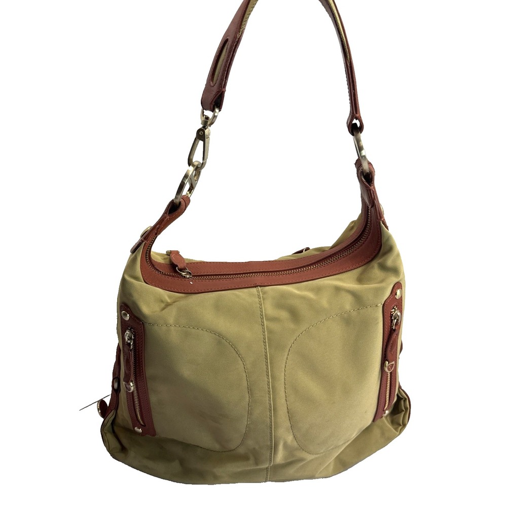 Tumi Ballistic Nylon w/ Leather Trim Large Tote 14" Purse Bag Beige And Red